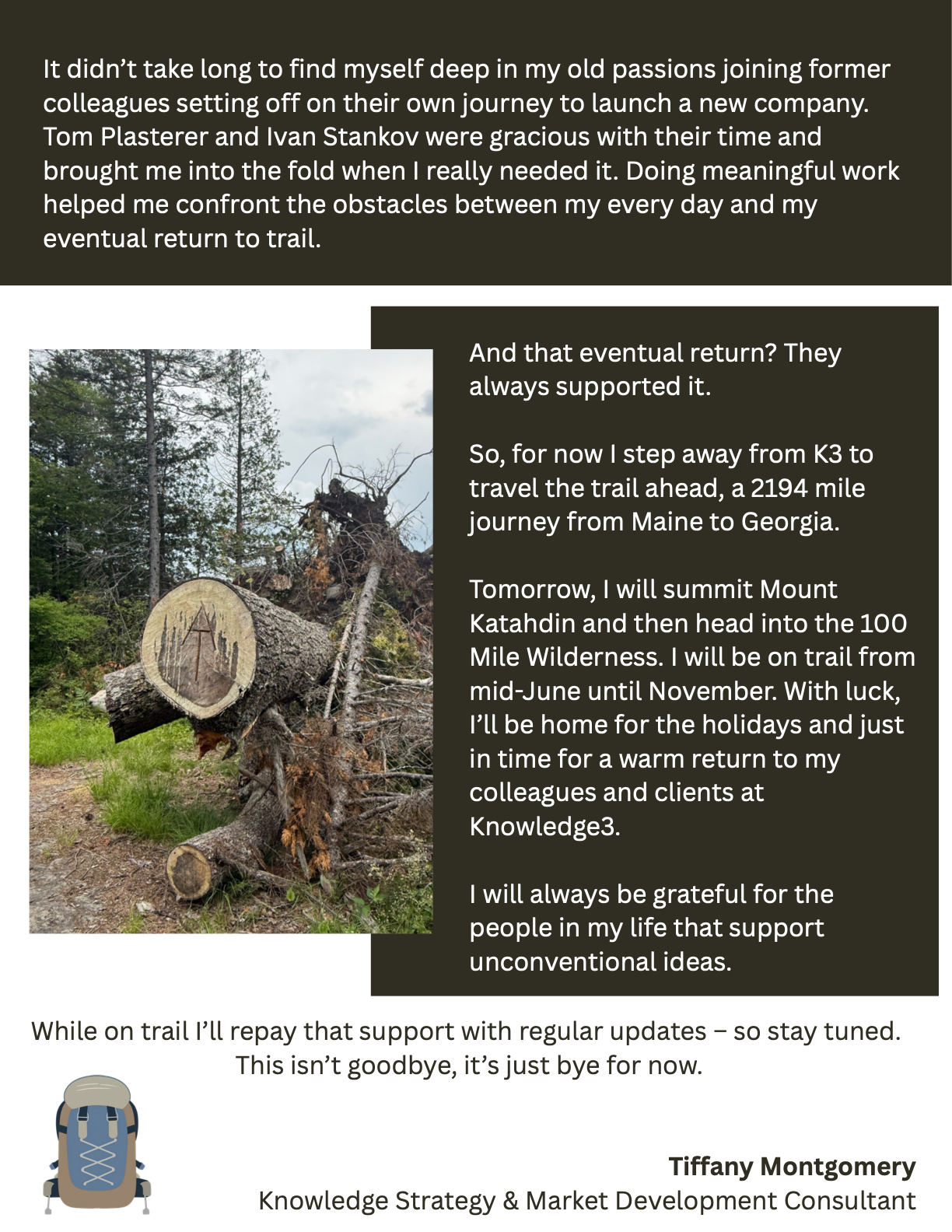 Page two of Tiffany Montgomery's The Trail Ahead Appalachian Trail kickoff update.
